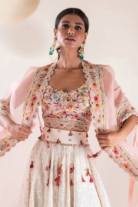 Buy Pallavi Poddar Ivory Chanderi, Organza Tassels, Embroidery Open Neck Border Cape Lehenga Set Online at Aza Fashions Buy_Pallavi Poddar_Ivory Chanderi, Organza Tassels, Embroidery Open Neck Border Cape Lehenga Set _Online_at_Aza_Fashions