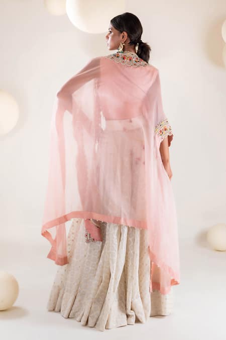 Shop Pallavi Poddar Ivory Chanderi, Organza Tassels, Embroidery Open Neck Border Cape Lehenga Set at Aza Fashions Shop_Pallavi Poddar_Ivory Chanderi, Organza Tassels, Embroidery Open Neck Border Cape Lehenga Set _at_Aza_Fashions