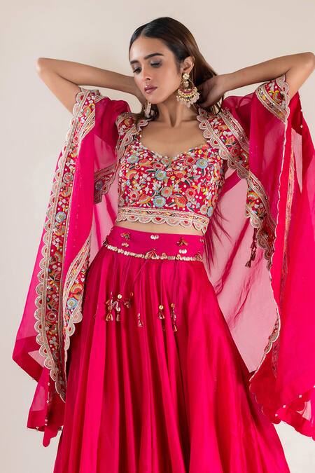 Pallavi Poddar_Pink Chanderi, Organza Tassels, Sequins Open Floral Embroidered Cape Lehenga Set _Online_at_Aza_Fashions
