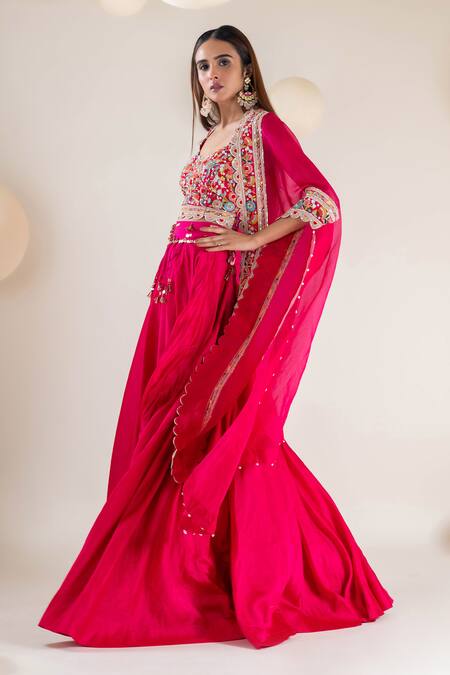Buy_Pallavi Poddar_Pink Chanderi, Organza Tassels, Sequins Open Floral Embroidered Cape Lehenga Set _Online_at_Aza_Fashions