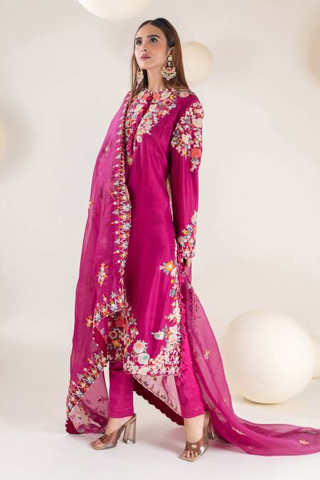 Buy Pallavi Poddar Pink Organza, Satin, Lycra Tassels, Embroidery Round Neck Floral Kurta Pant Set Online at Aza Fashions Buy_Pallavi Poddar_Pink Organza, Satin, Lycra Tassels, Embroidery Round Neck Floral Kurta Pant Set _Online_at_Aza_Fashions