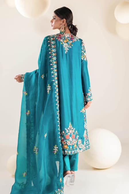 Shop Pallavi Poddar Blue Organza, Satin Tassels, Embroidery Round Neck Floral Bloom Kurta Pant Set at Aza Fashions Shop_Pallavi Poddar_Blue Organza, Satin Tassels, Embroidery Round Neck Floral Bloom Kurta Pant Set _at_Aza_Fashions