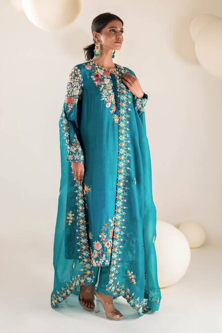 Buy Pallavi Poddar Blue Organza, Satin Tassels, Embroidery Round Neck Floral Bloom Kurta Pant Set Online at Aza Fashions Buy_Pallavi Poddar_Blue Organza, Satin Tassels, Embroidery Round Neck Floral Bloom Kurta Pant Set _Online_at_Aza_Fashions