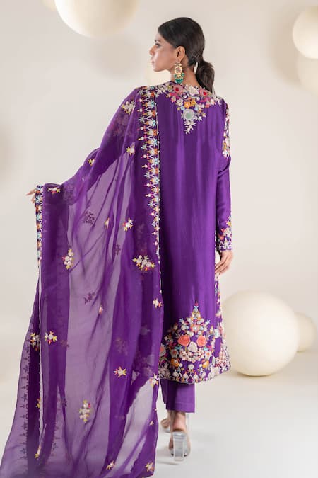 Shop Pallavi Poddar Purple Organza, Satin, Lycra Tassels, Embroidery Round Flower Kurta Pant Set at Aza Fashions Shop_Pallavi Poddar_Purple Organza, Satin, Lycra Tassels, Embroidery Round Flower Kurta Pant Set _at_Aza_Fashions