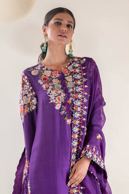 Pallavi Poddar Purple Organza, Satin, Lycra Tassels, Embroidery Round Flower Kurta Pant Set Online at Aza Fashions Pallavi Poddar_Purple Organza, Satin, Lycra Tassels, Embroidery Round Flower Kurta Pant Set _Online_at_Aza_Fashions