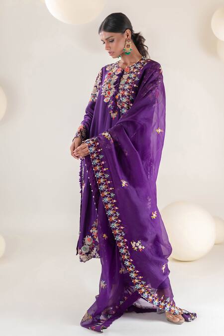 Buy Pallavi Poddar Purple Organza, Satin, Lycra Tassels, Embroidery Round Flower Kurta Pant Set Online at Aza Fashions Buy_Pallavi Poddar_Purple Organza, Satin, Lycra Tassels, Embroidery Round Flower Kurta Pant Set _Online_at_Aza_Fashions