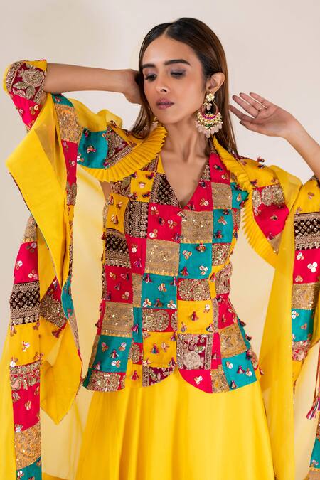 Pallavi Poddar Yellow Organza Sequins, Zari, Embroidery V-neck Patch Work Waistcoat Skirt Set Online at Aza Fashions Pallavi Poddar_Yellow Organza Sequins, Zari, Embroidery V-neck Patch Work Waistcoat Skirt Set _Online_at_Aza_Fashions