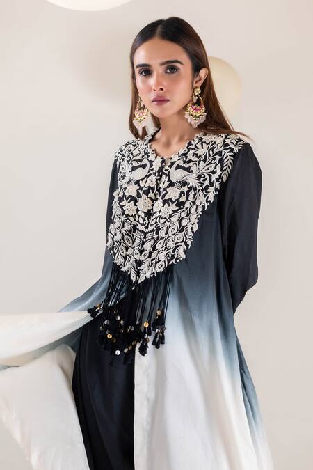 Pallavi Poddar Black Silk V-neck Embroidered Bodice Ombre Kurta With Pant Online at Aza Fashions Pallavi Poddar_Black Silk V-neck Embroidered Bodice Ombre Kurta With Pant _Online_at_Aza_Fashions