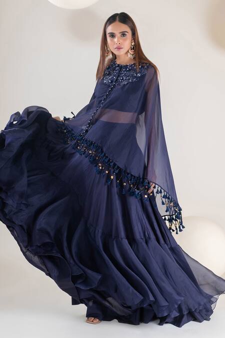 Pallavi Poddar Blue Organza Sequins, Embroidery, Tassels Round Neck Yoke Cape Skirt Set Online at Aza Fashions Pallavi Poddar_Blue Organza Sequins, Embroidery, Tassels Round Neck Yoke Cape Skirt Set _Online_at_Aza_Fashions
