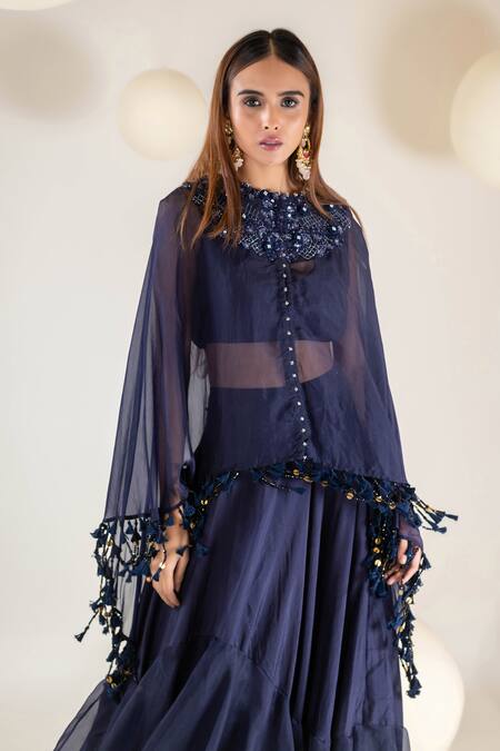 Buy Pallavi Poddar Blue Organza Sequins, Embroidery, Tassels Round Neck Yoke Cape Skirt Set Online at Aza Fashions Buy_Pallavi Poddar_Blue Organza Sequins, Embroidery, Tassels Round Neck Yoke Cape Skirt Set _Online_at_Aza_Fashions