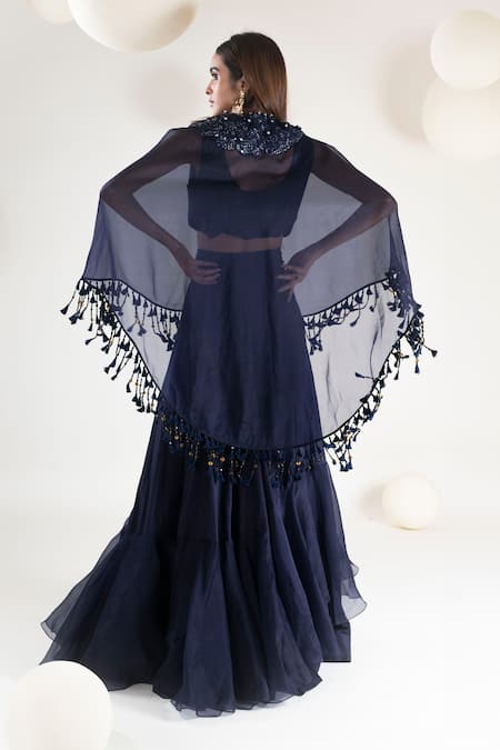 Shop Pallavi Poddar Blue Organza Sequins, Embroidery, Tassels Round Neck Yoke Cape Skirt Set at Aza Fashions Shop_Pallavi Poddar_Blue Organza Sequins, Embroidery, Tassels Round Neck Yoke Cape Skirt Set _at_Aza_Fashions