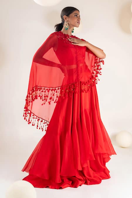 Pallavi Poddar Red Organza Placement Embroidery Floral Round Neck Tonal Yoke Cape Skirt Set 