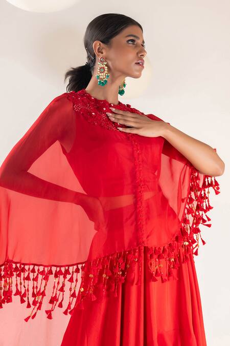 Pallavi Poddar_Red Satin, Lycra, Organza Sequins, Tassels Tonal Embroidered Yoke Cape Skirt Set _Online_at_Aza_Fashions