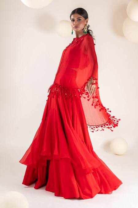 Buy_Pallavi Poddar_Red Satin, Lycra, Organza Sequins, Tassels Tonal Embroidered Yoke Cape Skirt Set _Online_at_Aza_Fashions