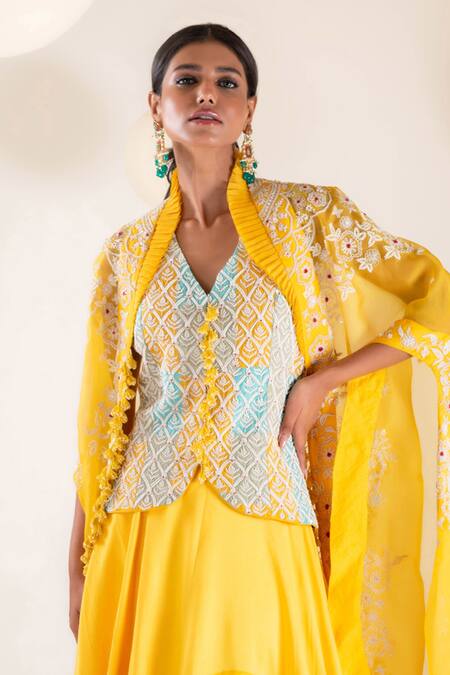 Pallavi Poddar Yellow Organza, Denim Embroidery V-neck Floral Cape Layered Skirt Set Online at Aza Fashions Pallavi Poddar_Yellow Organza, Denim Embroidery V-neck Floral Cape Layered Skirt Set _Online_at_Aza_Fashions