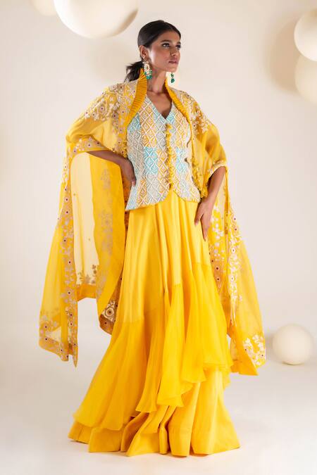 Buy Pallavi Poddar Yellow Organza, Denim Embroidery V-neck Floral Cape Layered Skirt Set Online at Aza Fashions Buy_Pallavi Poddar_Yellow Organza, Denim Embroidery V-neck Floral Cape Layered Skirt Set _Online_at_Aza_Fashions