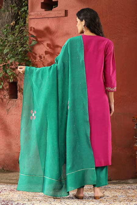 Shop_Weaver Story_Pink Chanderi Silk Zari, Beads, Embroidery V-neck Placement Kurta Pant Set _at_Aza_Fashions