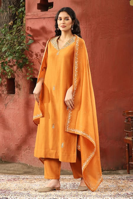 Weaver Story Orange Chanderi Silk Embroidery Butti V Neck Kurta Pant Set 