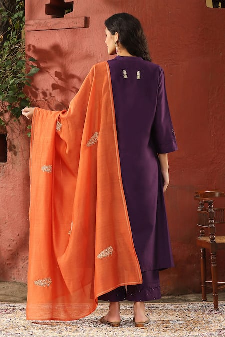 Shop_Weaver Story_Purple Silk, Embroidery Placement Paisley Kurta Pant Set _at_Aza_Fashions