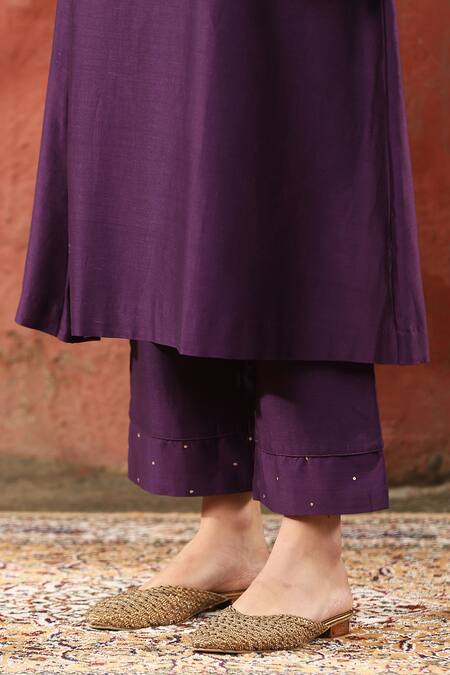 Weaver Story_Purple Silk, Embroidery Placement Paisley Kurta Pant Set _Online_at_Aza_Fashions