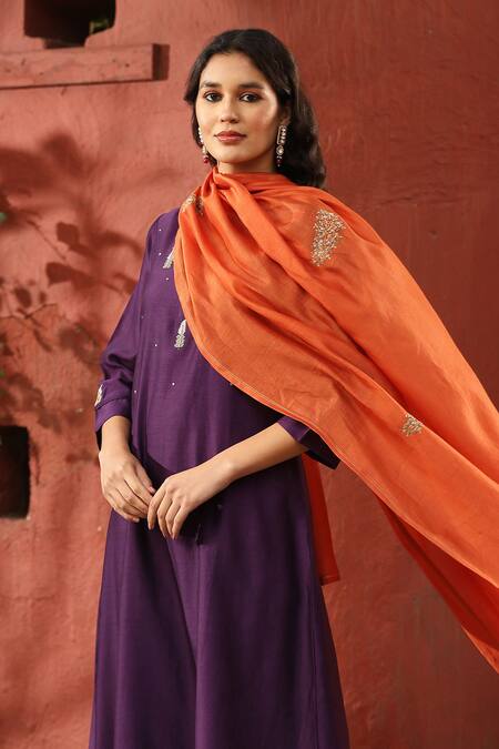 Shop_Weaver Story_Purple Silk, Embroidery Placement Paisley Kurta Pant Set _Online_at_Aza_Fashions
