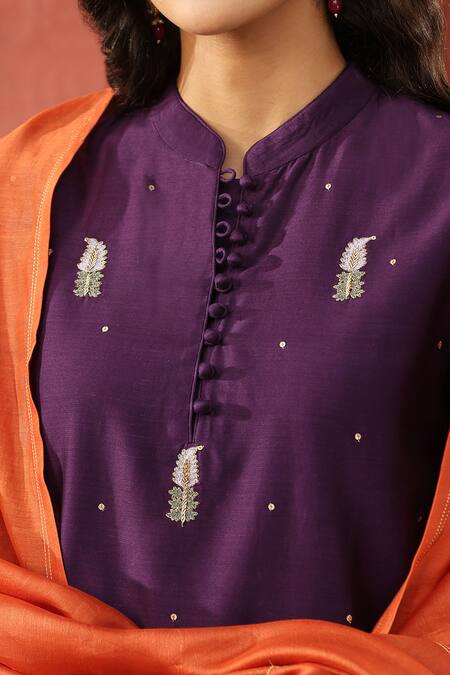 Weaver Story_Purple Silk, Embroidery Placement Paisley Kurta Pant Set _at_Aza_Fashions