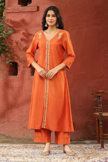 Weaver Story Orange Chanderi Silk Placement Embroidery Straight Kurta With Pant 