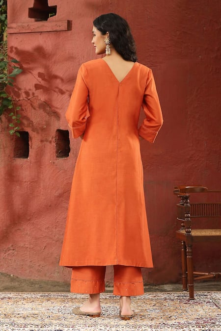Shop_Weaver Story_Orange Chanderi Silk Embroidery V-neck Straight Kurta With Pant _at_Aza_Fashions