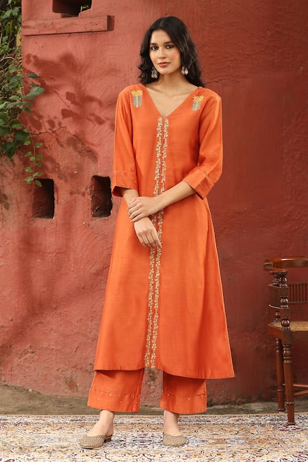 Weaver Story_Orange Chanderi Silk Embroidery V-neck Straight Kurta With Pant _Online_at_Aza_Fashions