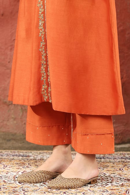 Buy_Weaver Story_Orange Chanderi Silk Embroidery V-neck Straight Kurta With Pant _Online_at_Aza_Fashions