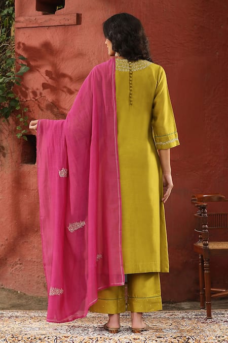 Shop_Weaver Story_Green Chanderi Silk Sequins, Embroidery High Neck Yoke Kurta Pant Set _at_Aza_Fashions
