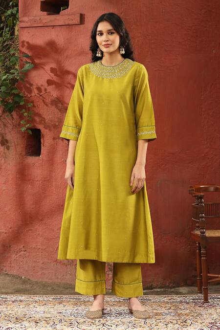 Weaver Story_Green Chanderi Silk Sequins, Embroidery High Neck Yoke Kurta Pant Set _Online_at_Aza_Fashions