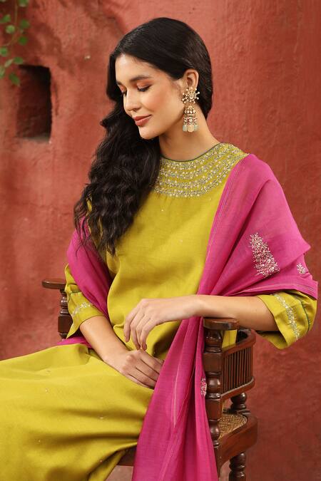 Shop_Weaver Story_Green Chanderi Silk Sequins, Embroidery High Neck Yoke Kurta Pant Set _Online_at_Aza_Fashions