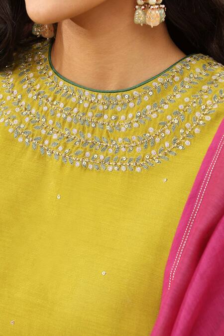 Weaver Story_Green Chanderi Silk Sequins, Embroidery High Neck Yoke Kurta Pant Set _at_Aza_Fashions