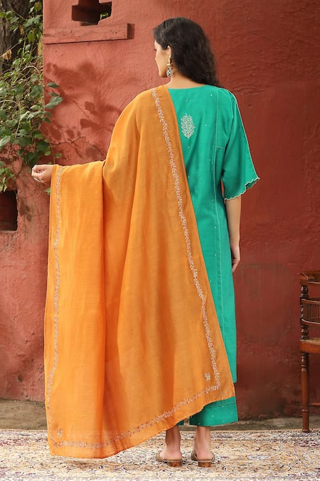 Shop_Weaver Story_Blue Chanderi Silk Embroidery Collared Placement Floral Bouquet Kurta Pant Set _at_Aza_Fashions