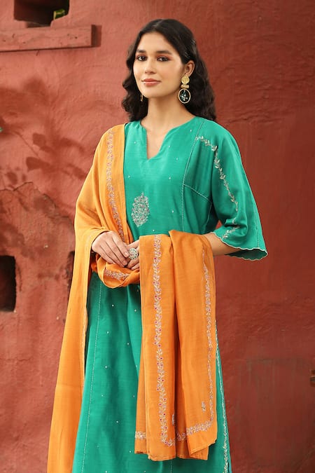 Shop_Weaver Story_Blue Chanderi Silk Embroidery Collared Placement Floral Bouquet Kurta Pant Set _Online_at_Aza_Fashions