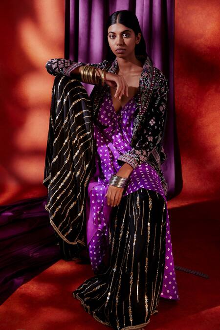 Anushka Khanna_Black Silk, Crepe Embroidery Open Neck Tribal Blazer Gharara Set_Online_at_Aza_Fashions