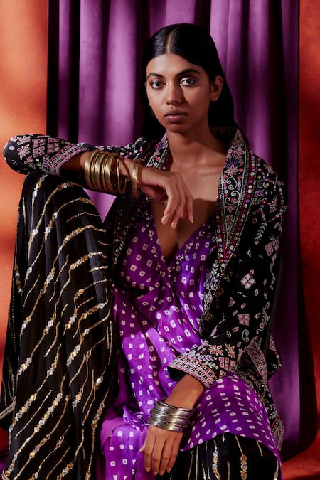 Buy_Anushka Khanna_Black Silk, Crepe Embroidery Open Neck Tribal Blazer Gharara Set_Online_at_Aza_Fashions
