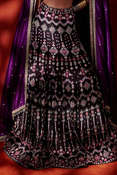 Buy_Anushka Khanna_Black Silk, Crepe Embroidery V-neck Tribal Lehenga Set_Online_at_Aza_Fashions