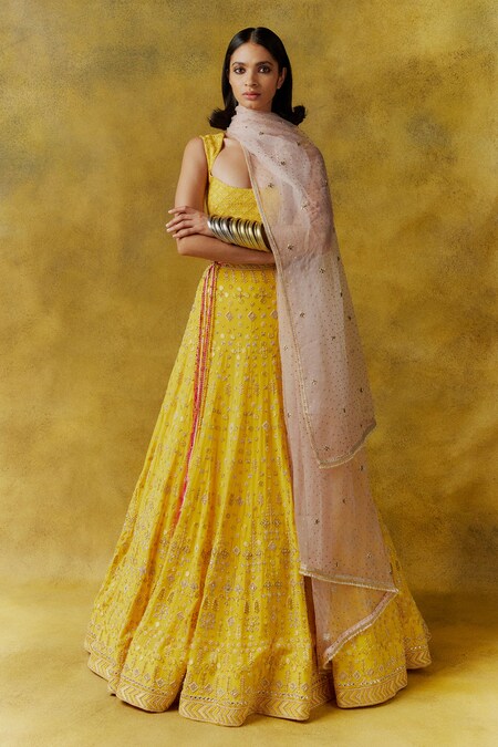 ANUSHKA KHANNA Yellow Silk Crepe Embroidery Tribal Motifs Scoop Neck Lehenga Set 