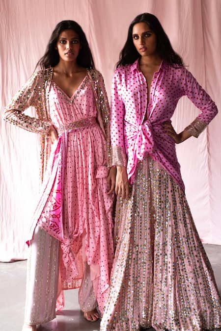 Shop Anushka Khanna Pink Silk, Gingham Gota Patti Bandhani Shirt With Vine Embellished Lehenga at Aza Fashions Shop_Anushka Khanna_Pink Silk, Gingham Gota Patti Bandhani Shirt With Vine Embellished Lehenga_at_Aza_Fashions