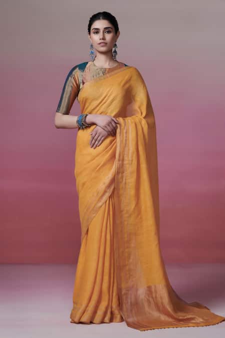 Dressfolk Yellow Handloom Linen Zari Golden Glow Saree 