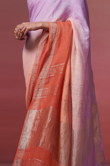 Dressfolk_Purple Handloom Cotton Zari Lilac Ombre Linen Saree With Running Blouse _Online_at_Aza_Fashions