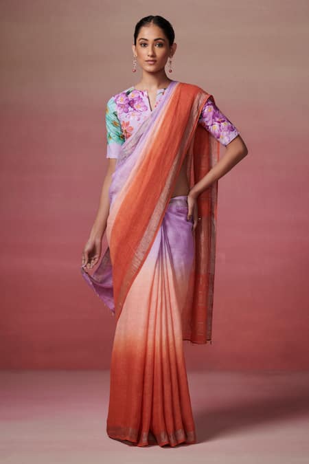 Buy_Dressfolk_Purple Handloom Cotton Zari Lilac Ombre Linen Saree With Running Blouse _Online_at_Aza_Fashions