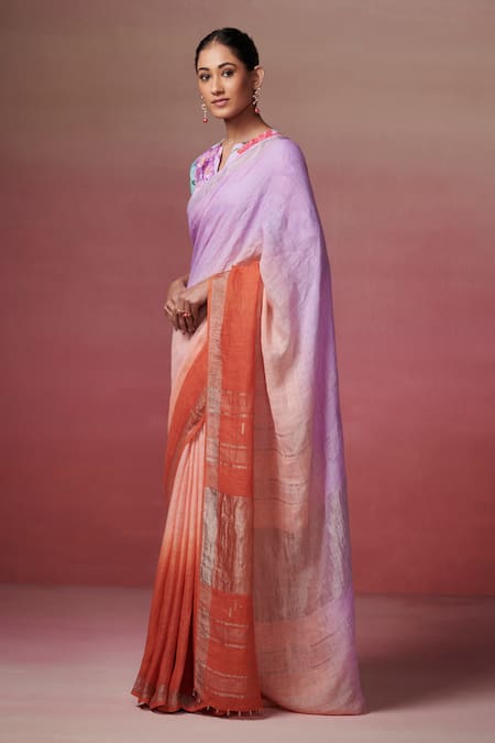 Shop_Dressfolk_Purple Handloom Cotton Zari Lilac Ombre Linen Saree With Running Blouse _Online_at_Aza_Fashions
