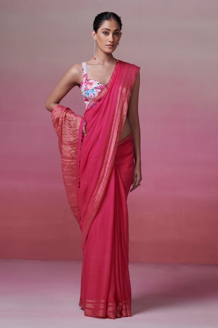 Dressfolk Fuchsia Handloom Cotton Zari Pink Border Linen Saree With Running Blouse Online at Aza Fashions Dressfolk_Fuchsia Handloom Cotton Zari Pink Border Linen Saree With Running Blouse_Online_at_Aza_Fashions