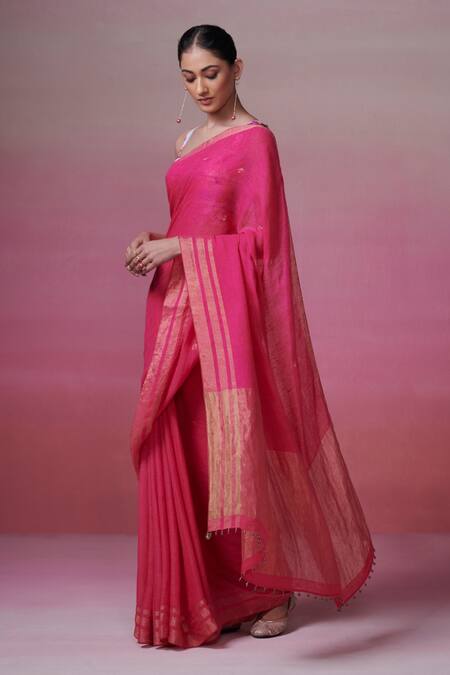 Buy Dressfolk Fuchsia Handloom Cotton Zari Pink Border Linen Saree With Running Blouse Online at Aza Fashions Buy_Dressfolk_Fuchsia Handloom Cotton Zari Pink Border Linen Saree With Running Blouse_Online_at_Aza_Fashions