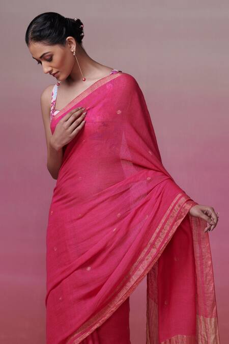 Shop Dressfolk Fuchsia Handloom Cotton Zari Pink Border Linen Saree With Running Blouse Online at Aza Fashions Shop_Dressfolk_Fuchsia Handloom Cotton Zari Pink Border Linen Saree With Running Blouse_Online_at_Aza_Fashions