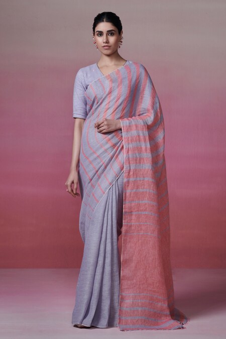 Dressfolk Pink Handloom Linen Stripe Blissful Wave Saree 