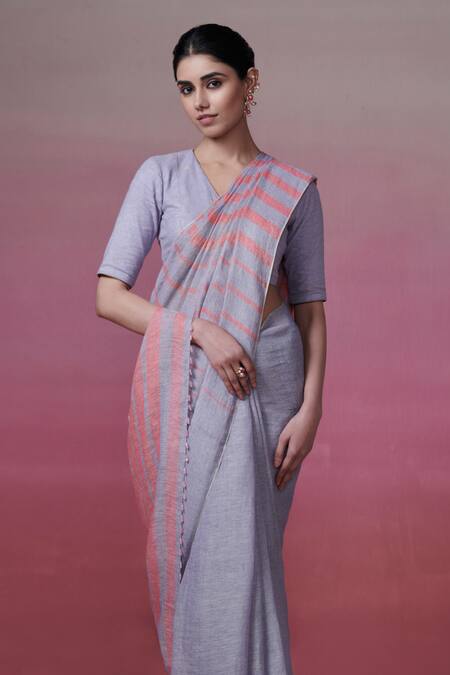 Dressfolk_Pink Handloom Cotton Striped Linen Saree With Running Blouse _Online_at_Aza_Fashions